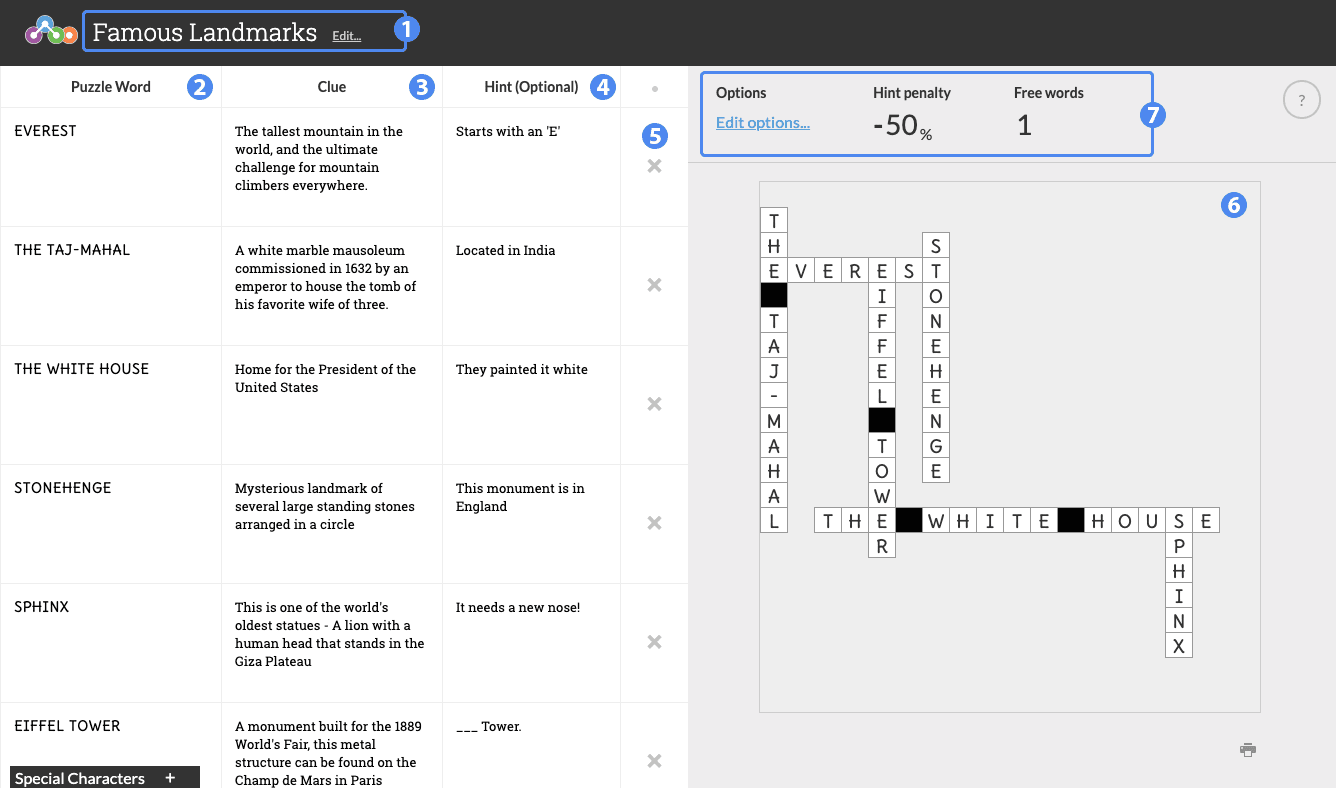 Annotated screenshot of the Crossword widget creator.